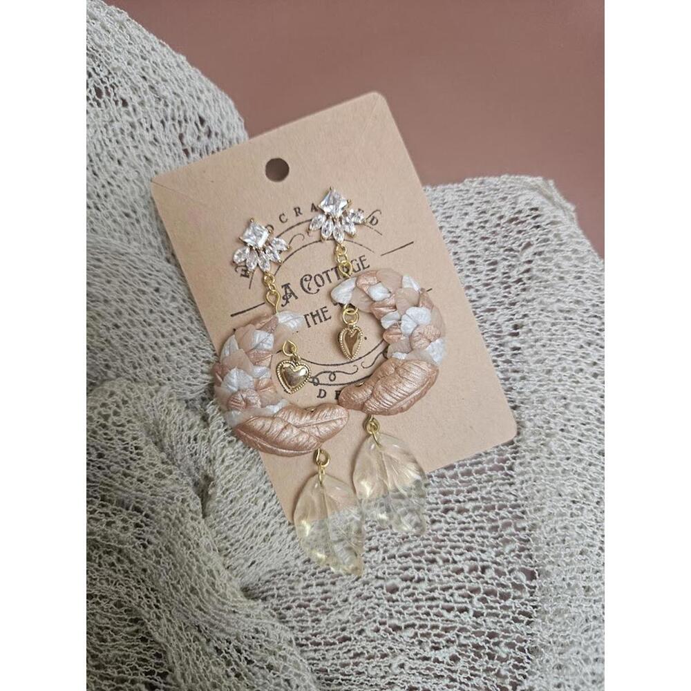 Handcrafted Polymer Clay Dangle Earrings with Leaf and Heart Charms